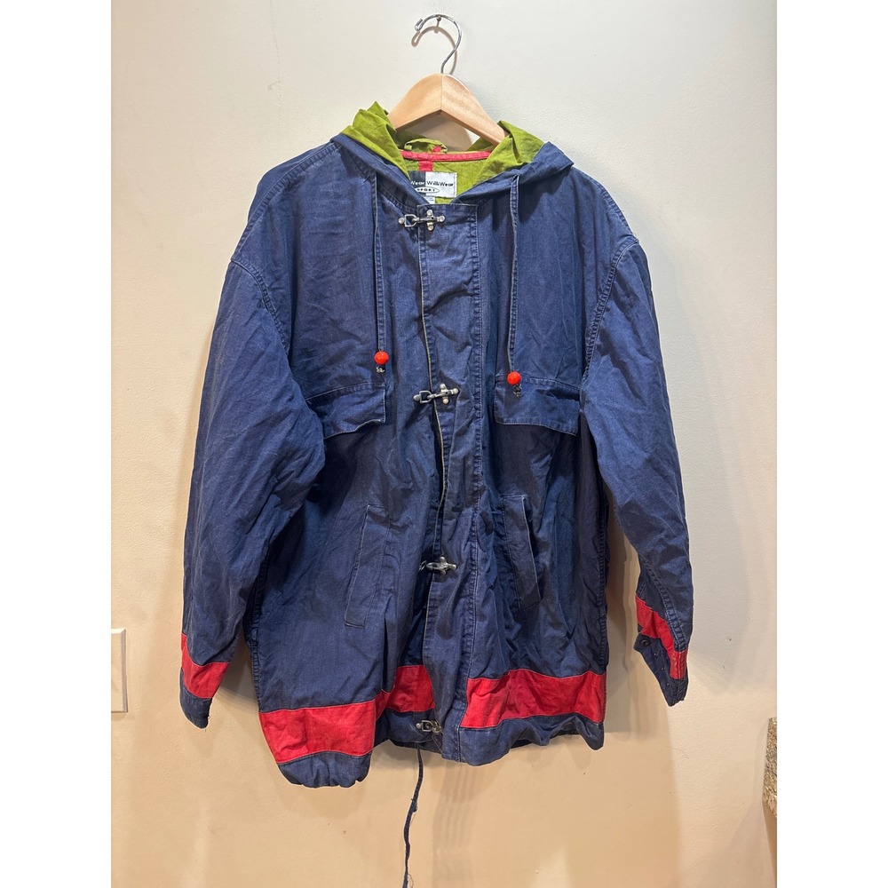 Vintage WilliWear Sport Willi Smith Blue Red Cotton Toggle Hooded Jacket Mens M